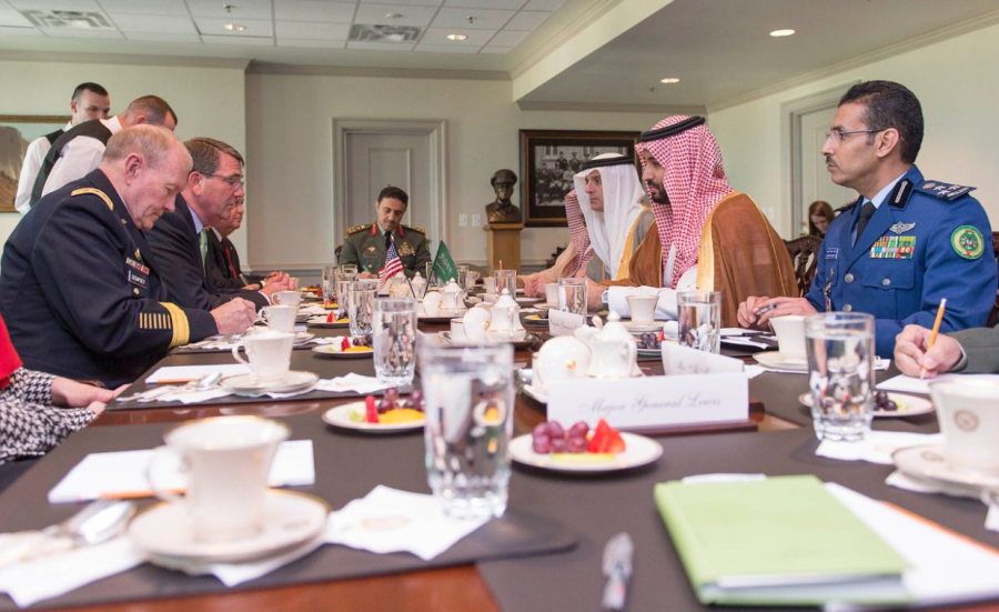 Deputy Crown Prince and defense minister Mohammed bin Salman meets with Secretary of Defense Ash Carter at the Pentagon in Washington. Photo via SPA.gov.