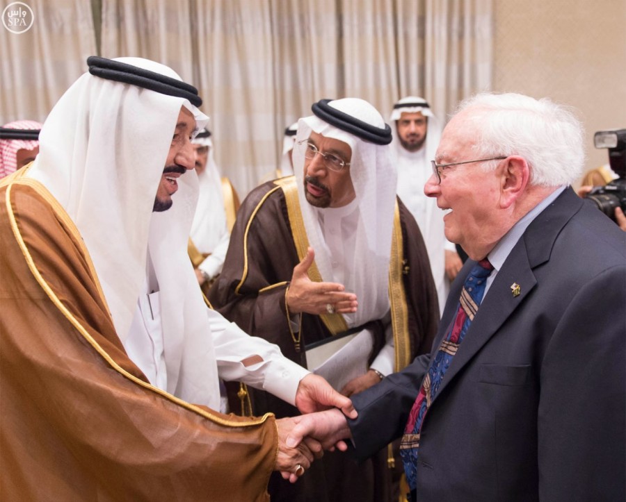 King Salman meets with former Aramco employees in Washington. 