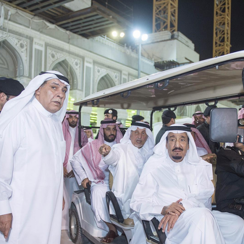 King Salman tours the site of the crane collapse in Mecca. 