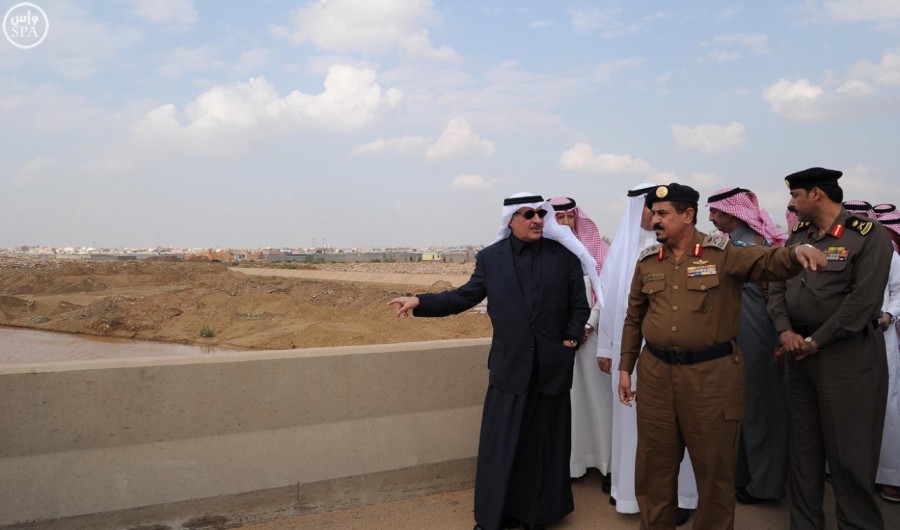 The governor of Tabuk in Saudi Arabia inspecting a preventative ditch for floods in his region. 