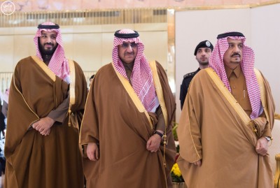 Crown Prince Mohammed bin Naif and Deputy Crown Prince Mohammed bin Salman welcome arriving GCC leaders in Riyadh yesterday.