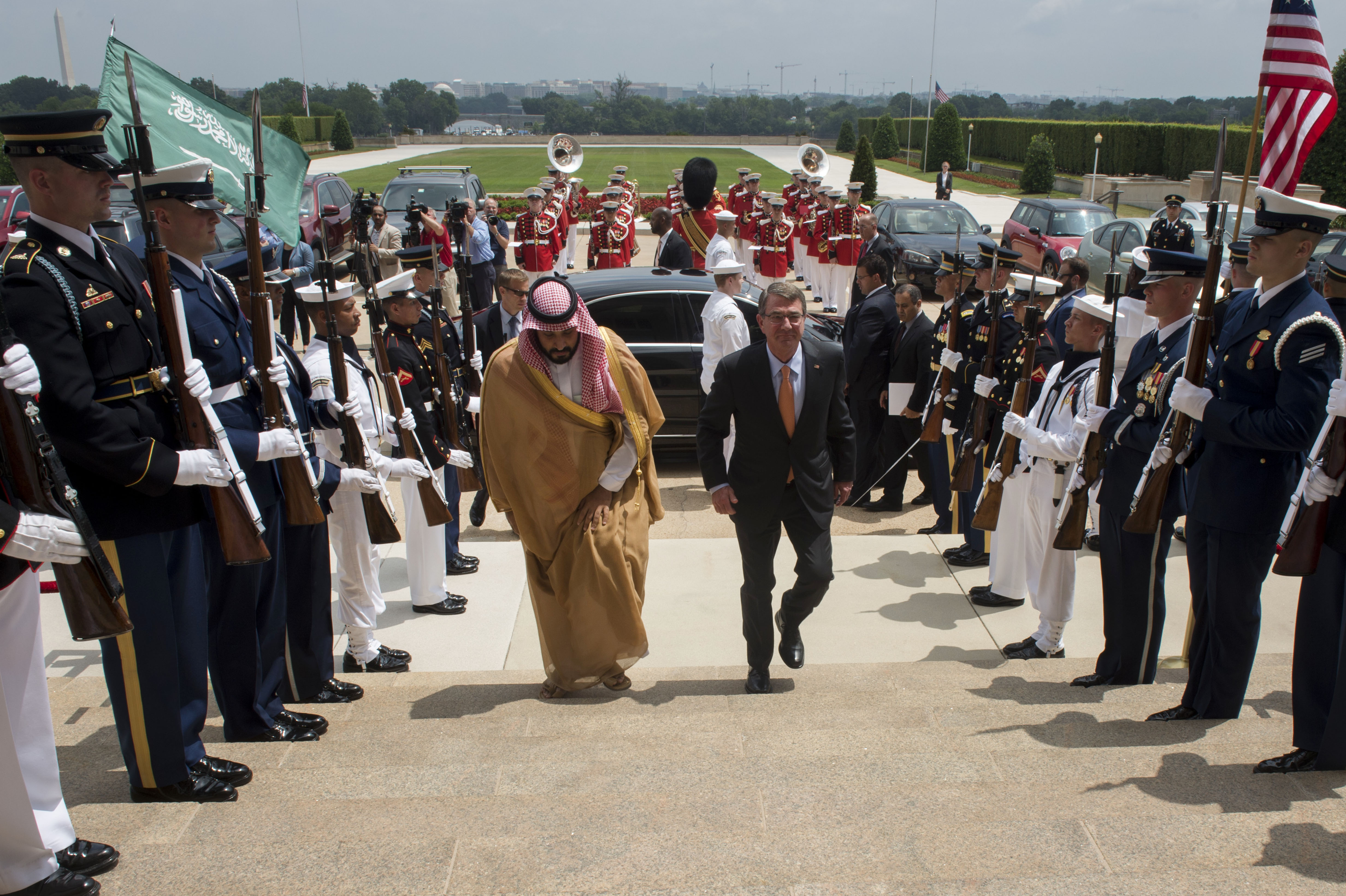 Secretary of Defense Ash Carter hosts an enhanced honor cordon to welcome Saudi Arabia's Deputy Crown Prince and Minister of Defense Mohammed bin Salman to the Pentagon June 16, 2016. The two leaders met to discuss matters of mutual importance. (DoD photo by Senior Master Sgt. Adrian Cadiz)(Released)