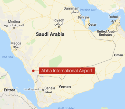 Abha international airport. Photos on social media carried in Al Arabiya show some damage to the airport. 