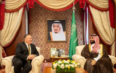 Mike Pompeo and Crown Prince Mohammed bin Salman in Saudi Arabia on Monday.