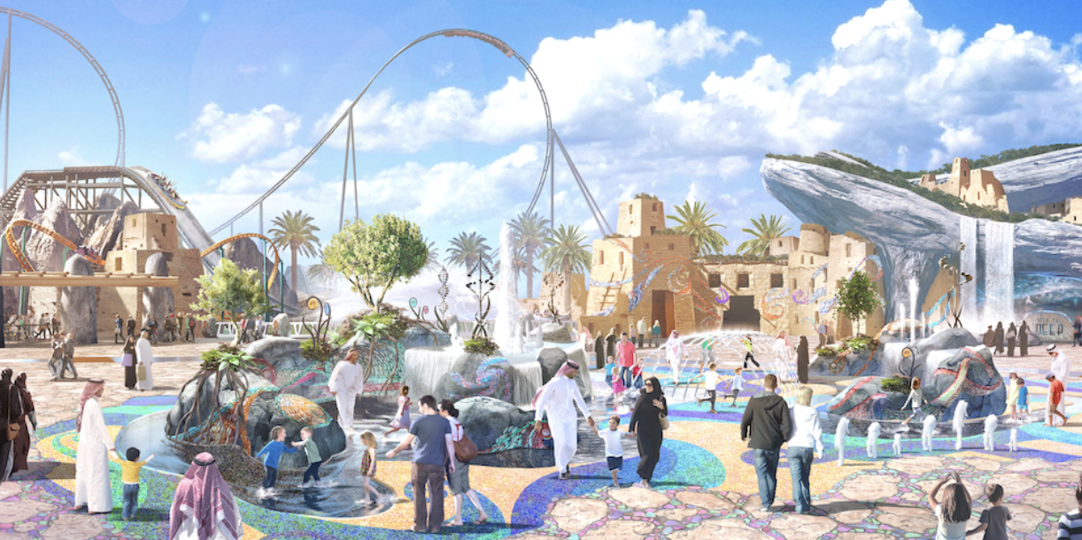 A park rendering of Six Flags Qiddiya.