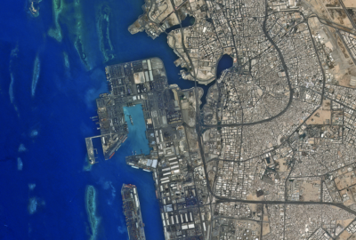 Reefs shown on the left protecting Jeddah's port. Photo taken by the NASA Earth Observatory. 